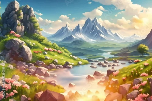 Rock mountain with grass flowers stones and river Generative AI. Virtual video scene animated background photo