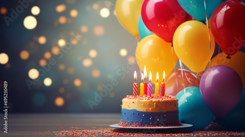 Colorful balloons and birthday cake with candles photo
