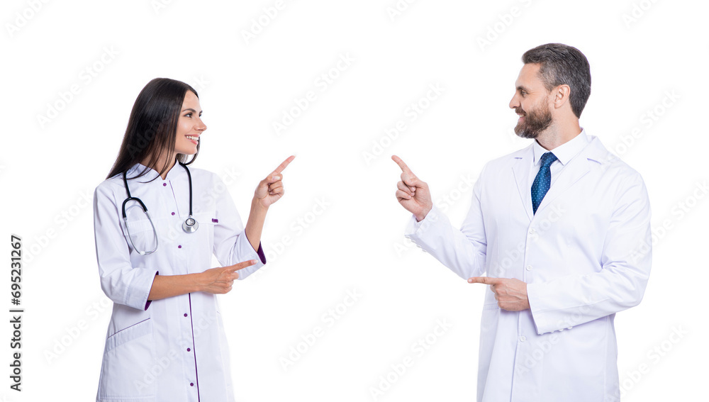 healthcare practitioner doctor isolated on white. medicine and healthcare. doctor pointing finger on advertisement. health care advertisement. two doctor work in medicine healthcare practitioner doctor isolated on white. medicine and healthcare. doctor pointing finger on advertisement. health care advertisement. two doctor work in medicine