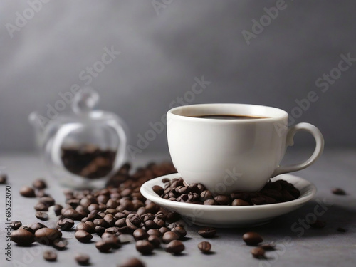 coffee beans and white ceramic teacup