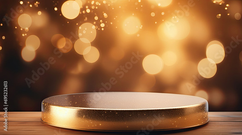 empty golden glass round podium for presentation on blur background, Empty showcase for cosmetic product presentation, promotion sale.Christmas podium,	
 photo