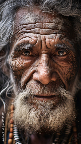A dramatic close-up shot of an elderly indigenous man, his face rich with the stories and wisdom of his culture