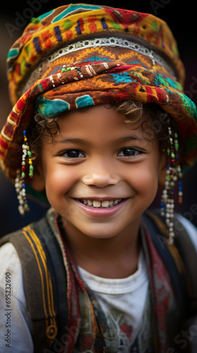 close-up of a indigenous child, his face illuminated with a joyous smile