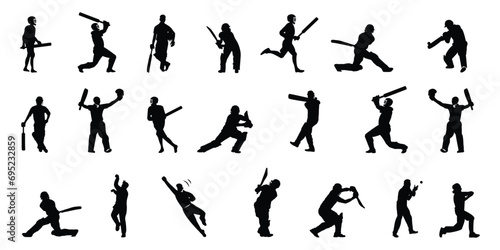 Set of Man Playing cricket batting bowling fielding catching ball Vector Illustration icon Collection