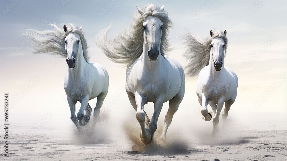 Obraz premium three unusual fairytale running horses, in a dynamic pose