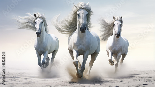 three unusual fairytale running horses  in a dynamic pose