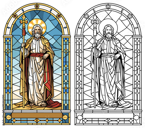 Saint Paul with Presents in the Stained Glass Style Coloring Page and Vector Cover Design on a White Background