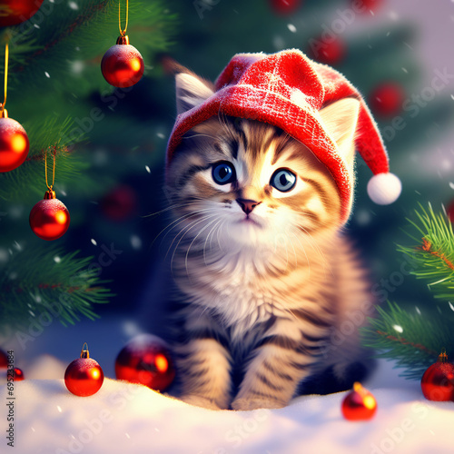 a little kitten under the Christmas tree for Christmas generative ai