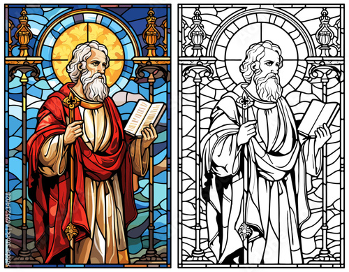 Saint Peter in the Style of Stained Glass with Presents Coloring Page and Cover Design Vector on a White Background