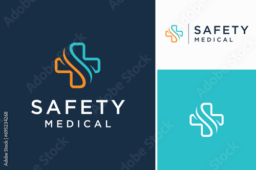 Initial Letter S with Cross Plus Sign for Emergency Aid Hospital Pharmacy or Health Care Clinic logo design photo