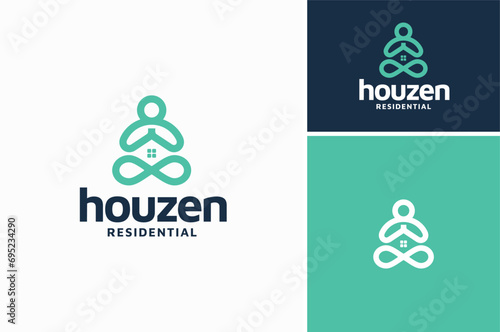 Zen Guru Meditation Sitting Pose Yoga with House Window for Home Property Real Estate Logo Design