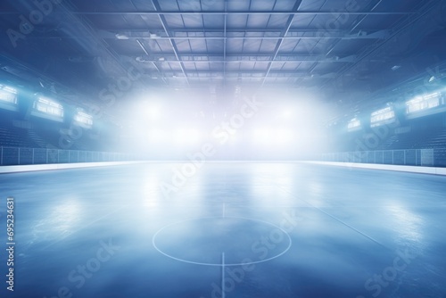 An empty hockey rink with lights shining on it. Suitable for sports and recreational themes