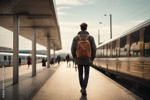 Young man with a suitcase waiting for the train at the station.