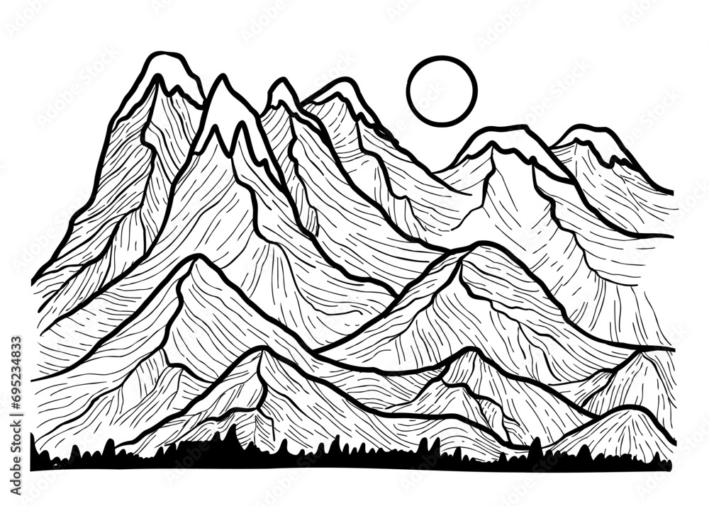 Mountain range landscape. Vector illustration. Hand drawn sketch.