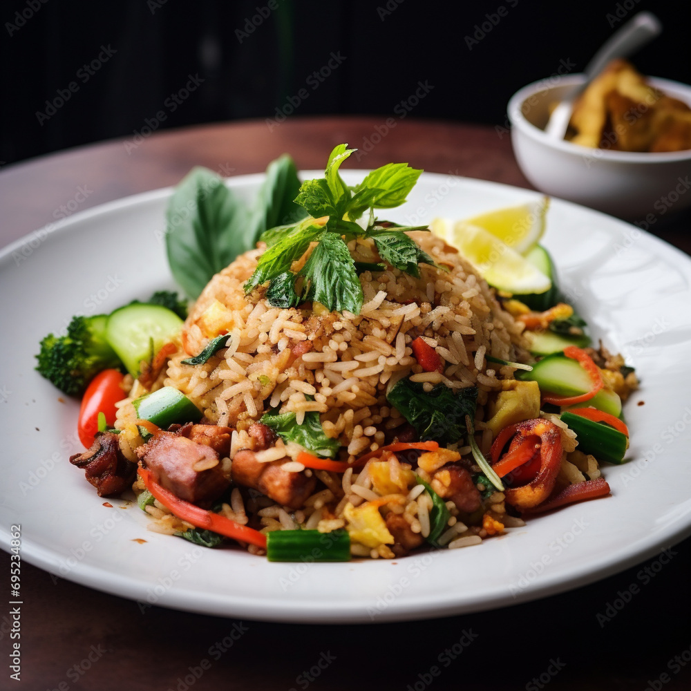 Fried rice with vegetable topping is served above Fried rice with vegetable topping is served above
