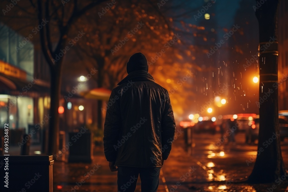 A man is walking down a street at night. This image can be used to depict urban life or nighttime activities A man is walking down a street at night. This image can be used to depict urban life or nighttime activities