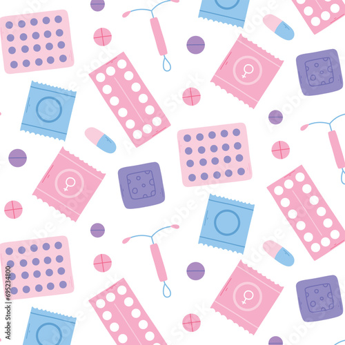 Seamless pattern with contraceptives. Vector illustration. Flat style. Medical print. Pattern with pill condoms.