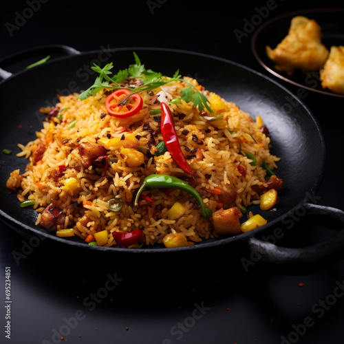 Fried rice with vegetable topping is served above
