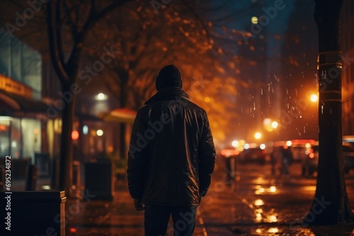 A man is walking down a street at night. This image can be used to depict urban life or nighttime activities