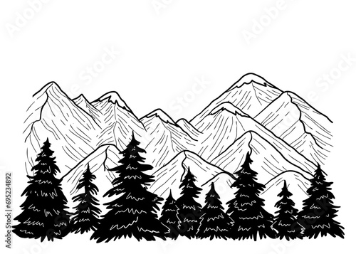 Mountain range landscape. Black forest. Vector illustration. Hand drawn sketch.