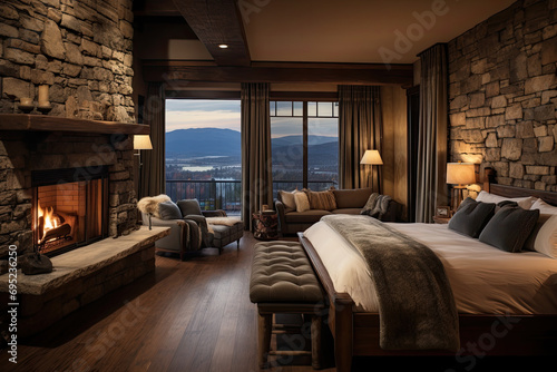 A hotel room with a mountain view, rustic decor, and a stone fireplace  © Nino Lavrenkova