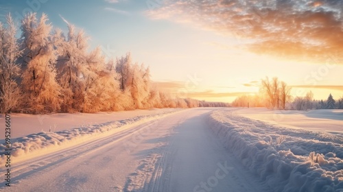 A snow-covered road with trees in the background. Suitable for winter-themed projects or travel-related content