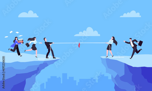 Business people play tug of war by pulling the rope.