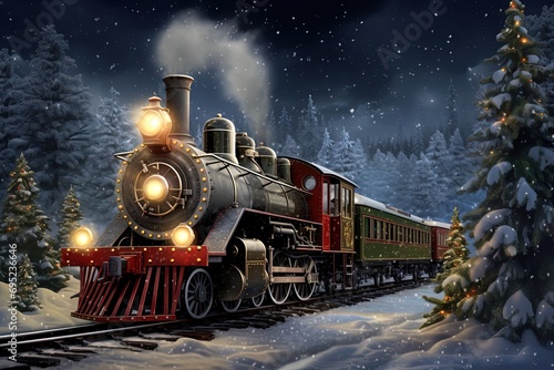 vintage steam-powered Christmas red train travels through a snowy forest. Christmas, New Year greeting card.