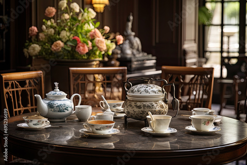 A hotel tea room with traditional decor, fine china, and a selection of teas