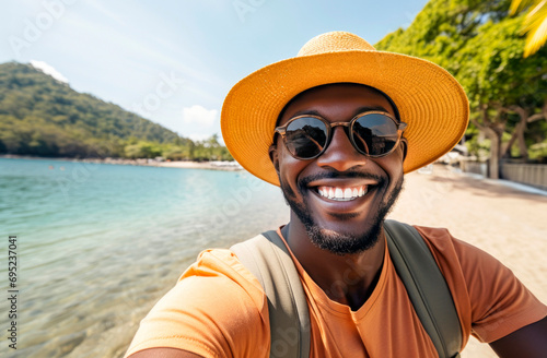 Joyful Man with Sunglasses Taking Selfie by the Sea