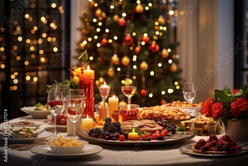 A beautifully set dinner table adorned with holiday decorations, with a sparkling Christmas tree in the background.