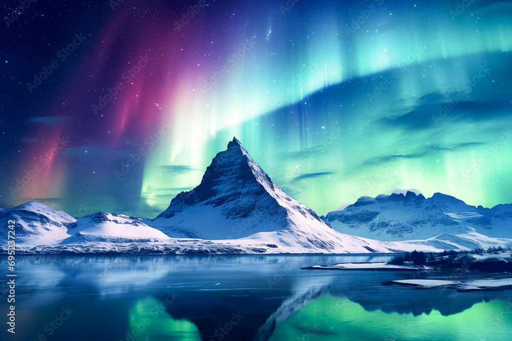 Aurora borealis dancing on mountain wallpaper. Night sky with polar lights. Night winter landscape.

