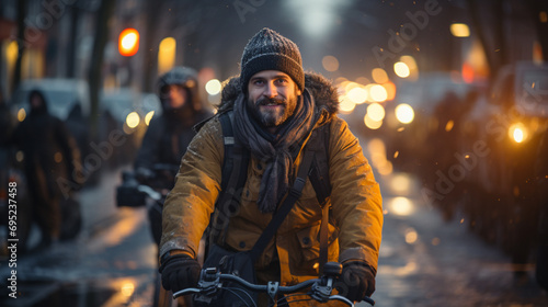 Man riding a bicycle in winter.