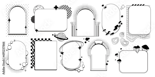 Retrowave black arch frames set isolated on white background. Vector illustration of retro futuristic window, door, gate borders with stars, dots, lines, abstract design elements, vintage y2k banner