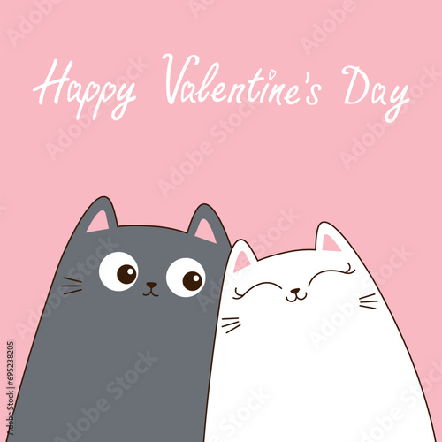 Happy Valentines Day. Gray white cat set. Love couple hugging kittens. Cute cartoon funny kitty character. Kawaii animal in love. Contour line doodle. Greeting card. Flat design. Pink background
