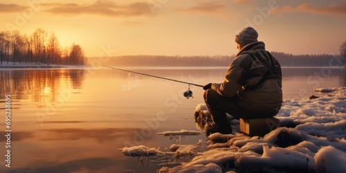 A man and his loyal dog enjoying a peaceful fishing outing in a serene lake. Perfect for outdoor enthusiasts and nature lovers