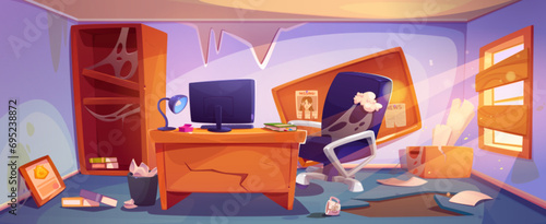 Abandoned and broken detective or crime bureau room with damaged furniture, torn wallpaper, destroyed tilted investigator map and cobweb everywhere. Cartoon vector ruined police office interior.