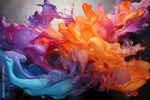 An energetic and vibrant composition featuring a mix of intense liquid colors swirling and dancingacross the frame
