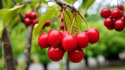 Red cherries on the tree ready for harvest. branch of ripe cherries tree in a garden. generative ai