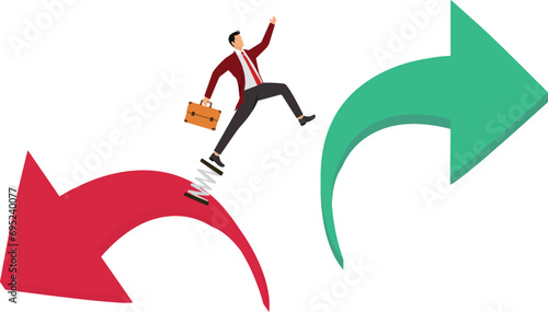 Jumping from falling arrow to rising arrow Businessman