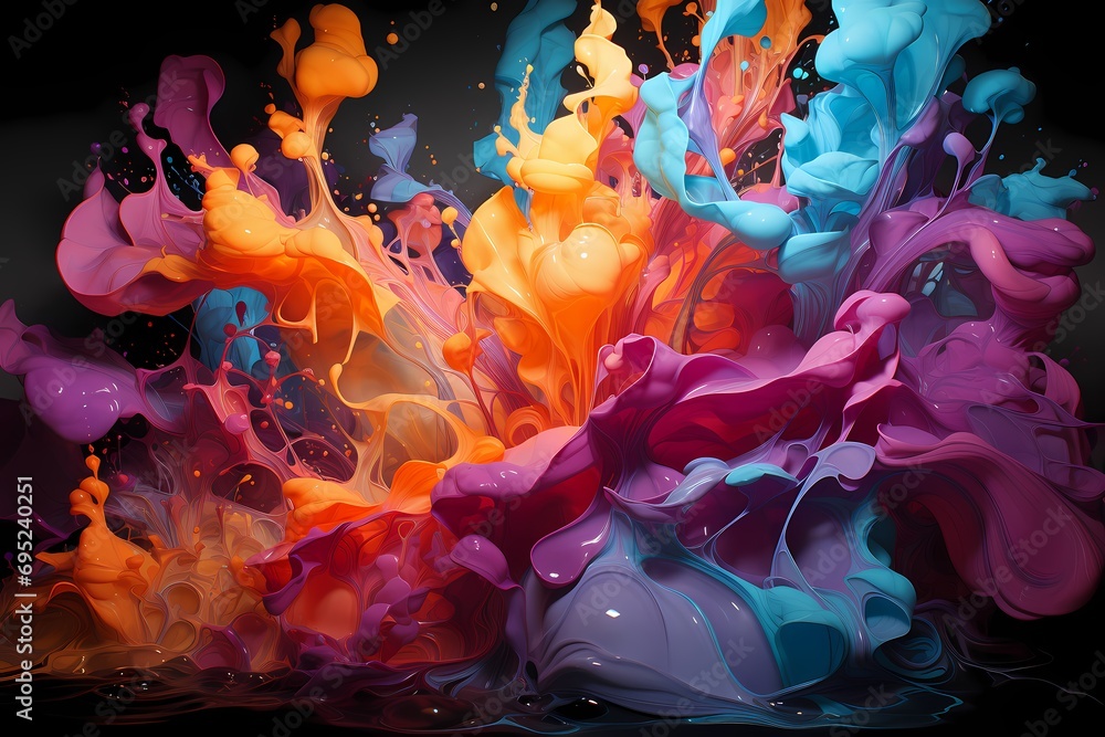 An explosion of vibrant liquid colors cascading down in an abstract waterfall-like composition