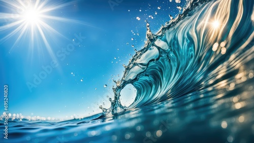 The wave and the sun. Sea water splashes in the sun