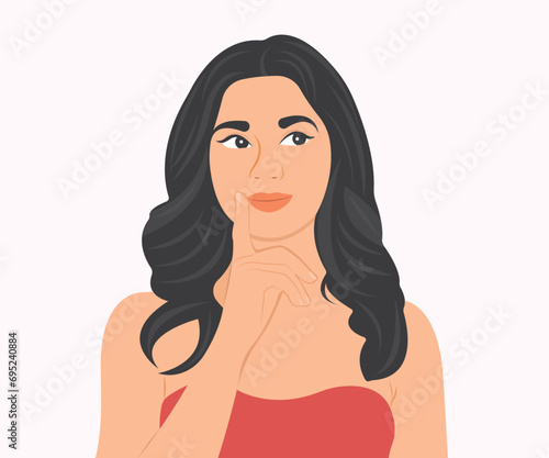 A beautiful young woman with long hair is contemplating planning the order of work. Vector illustration.