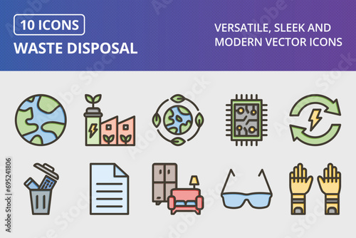 Waste Disposal Thick Line Filled Colors Icons Set
