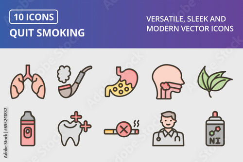 Quit Smoking Thick Line Filled Colors Icons Set