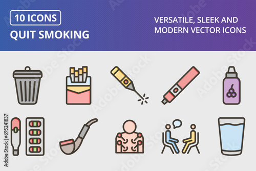 Quit Smoking Thick Line Filled Colors Icons Set