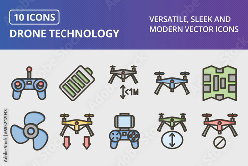 Drone Technology Thick Line Filled Colors Icons Set