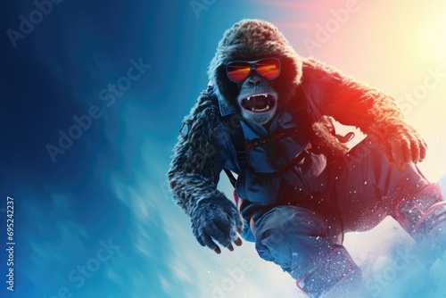 A man dressed in a gorilla suit snowboarding down a hill. Perfect for humorous and unique winter sports-themed designs