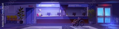 Hospital reception room at night - empty medical service waiting area interior with doors and computers on registration counter, chairs for patients and wheelchair. Cartoon healthcare department hall.