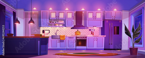 Home kitchen interior at night with clean modern furniture and appliances, light from hanging lamps. Cartoon vector dark evening cozy cooking room with large window and equipment with utensils.